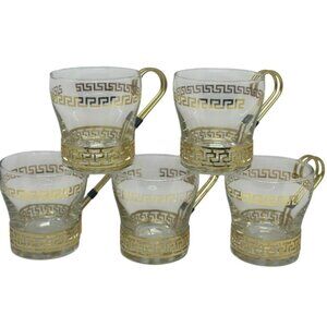 VTG Libbey Gold Greek Key Glass Coffee Cups – Set of 5 w/ Brass Holders 3” Retro